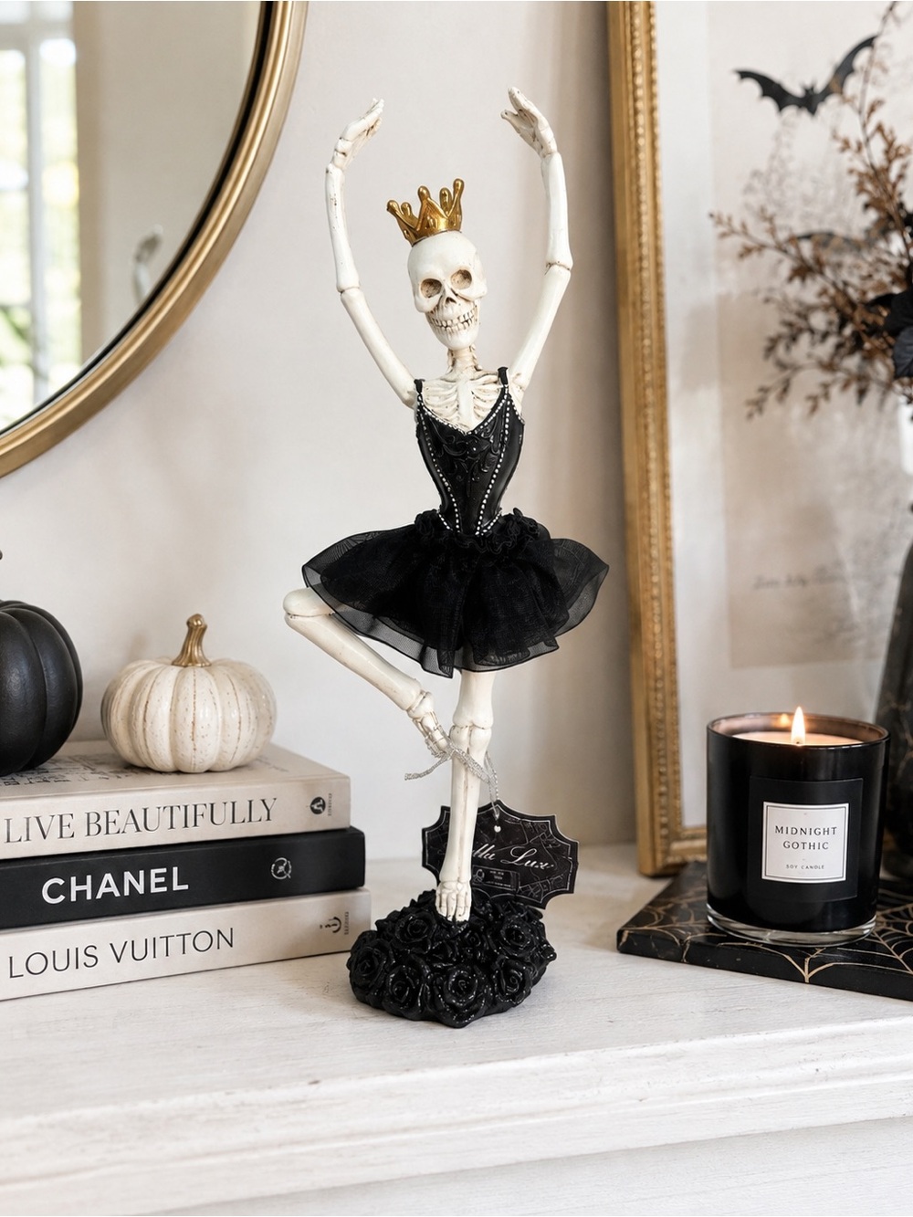 Bella Lux Skeleton Ballerina Figurine Black Tutu Gold Crown Halloween NWT